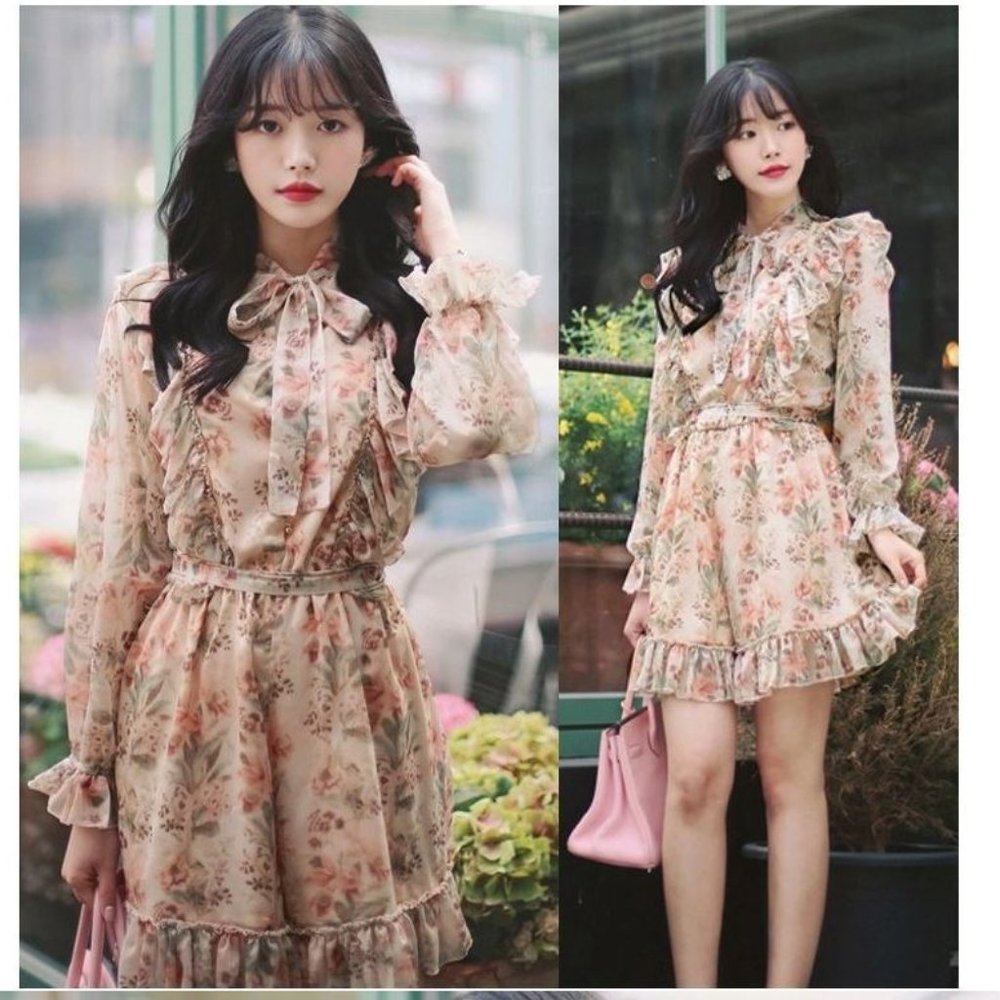 Korean*Long-Sleeve Floral Print Mini Chiffon Dress